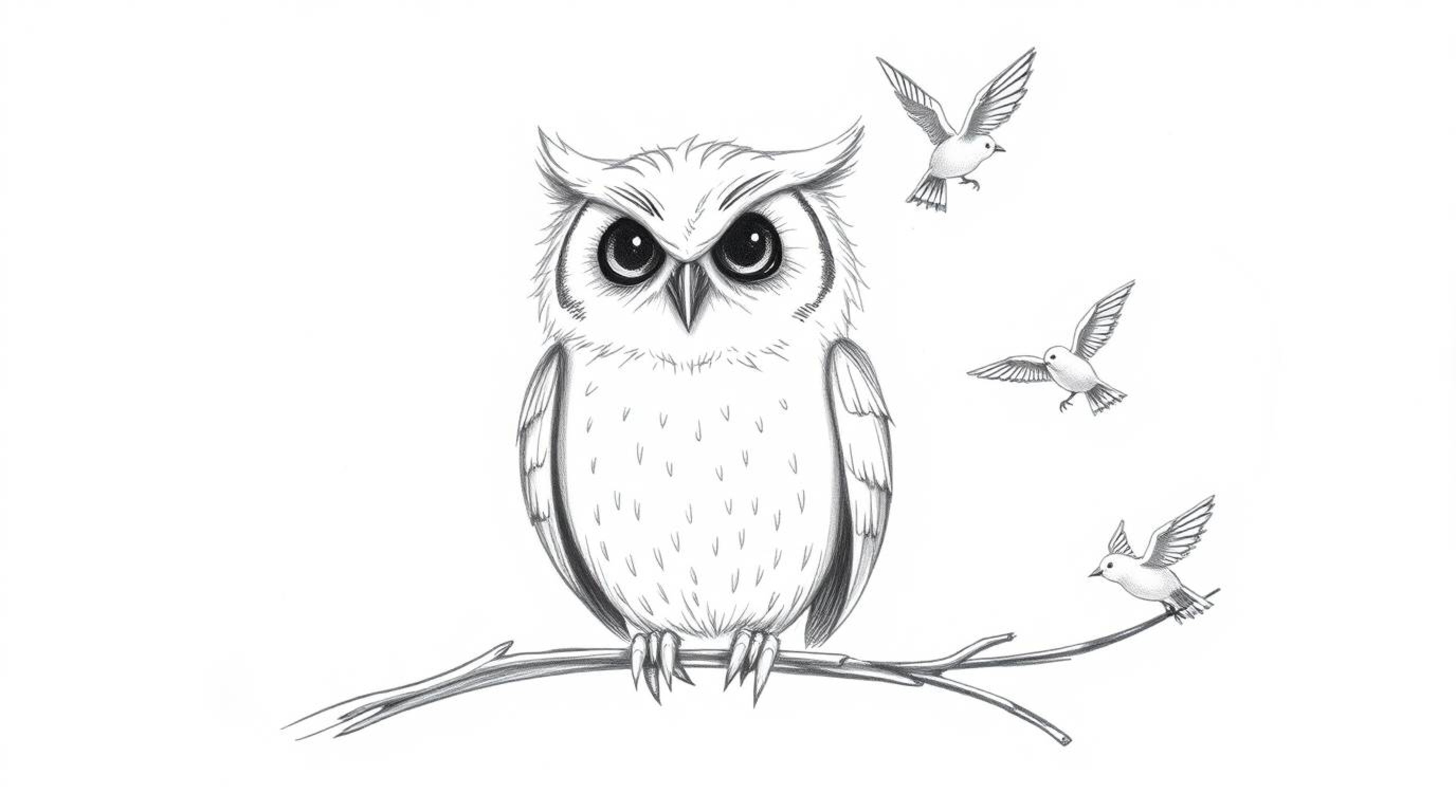 A hand-drawn sketch in the Pixar style showcases a blind owl with soft, feathery details, peacefully perched while small bird