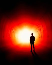 A captivating image depicting a person standing at a tunnel's edge, gazing towards a soft, hazy light. Predominantly bathed i