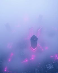 A captivating abstract city map rendered in geometric shapes, viewed from a high-angle perspective.  Shrouded in a thick, atm