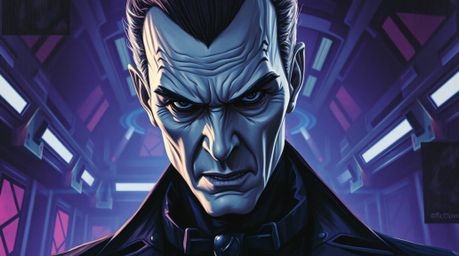 A captivating image depicts a pale-skinned villain with intense dark eyes, experiencing a dramatic breakdown within a futuris