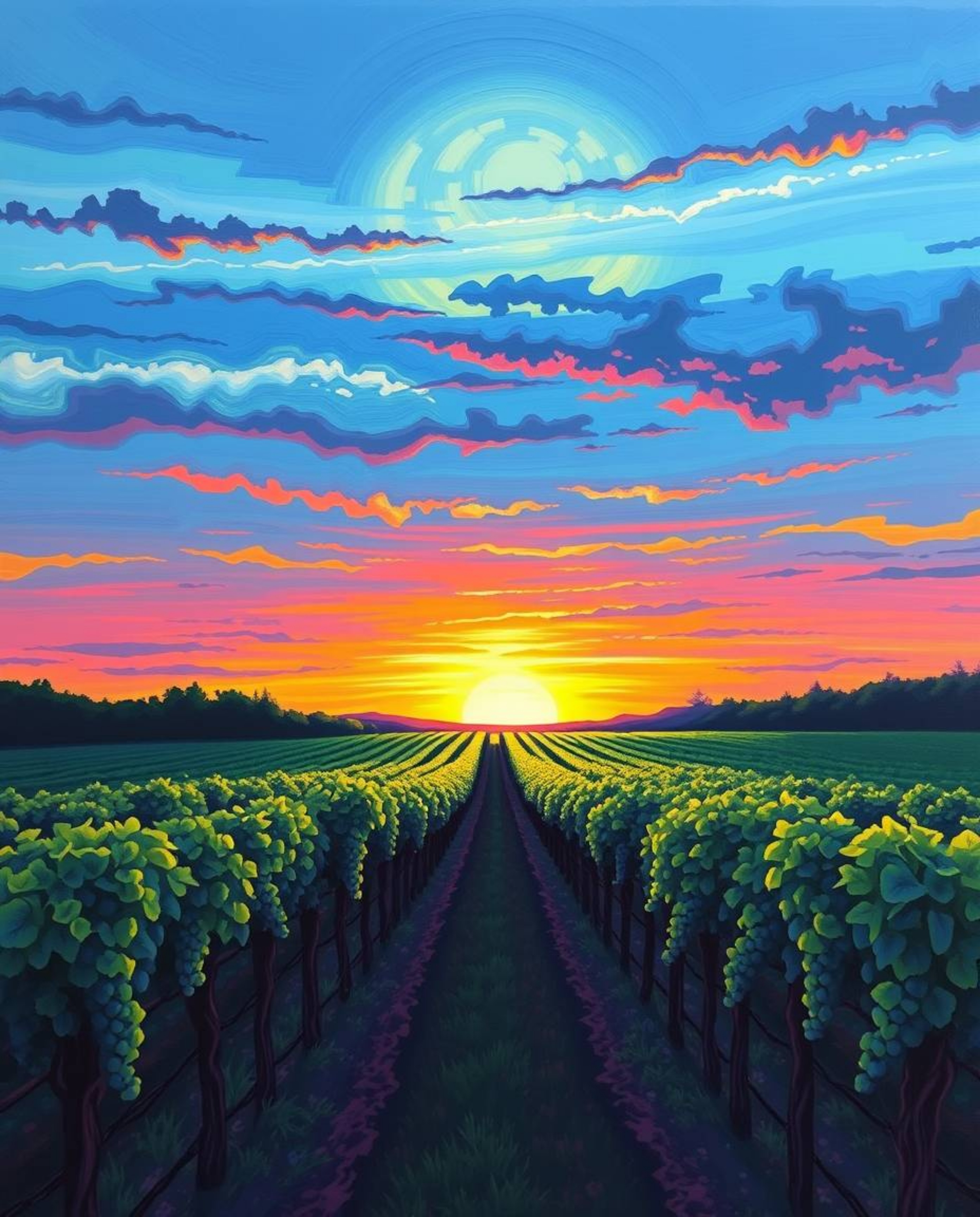 This painting captures a vibrant sunset over a vineyard, rendered in a striking palette of cool blues, greens, and purples. E