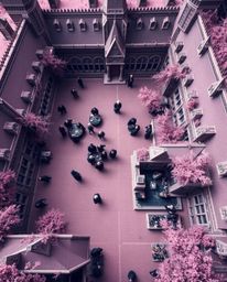 Explore a breathtaking bird's-eye view of a magical school teeming with young wizards, rendered in surreal infrared tones for