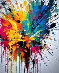 Explore captivating high-detail abstract art featuring a vibrant explosion of colorful paint splashes against a white canvas,