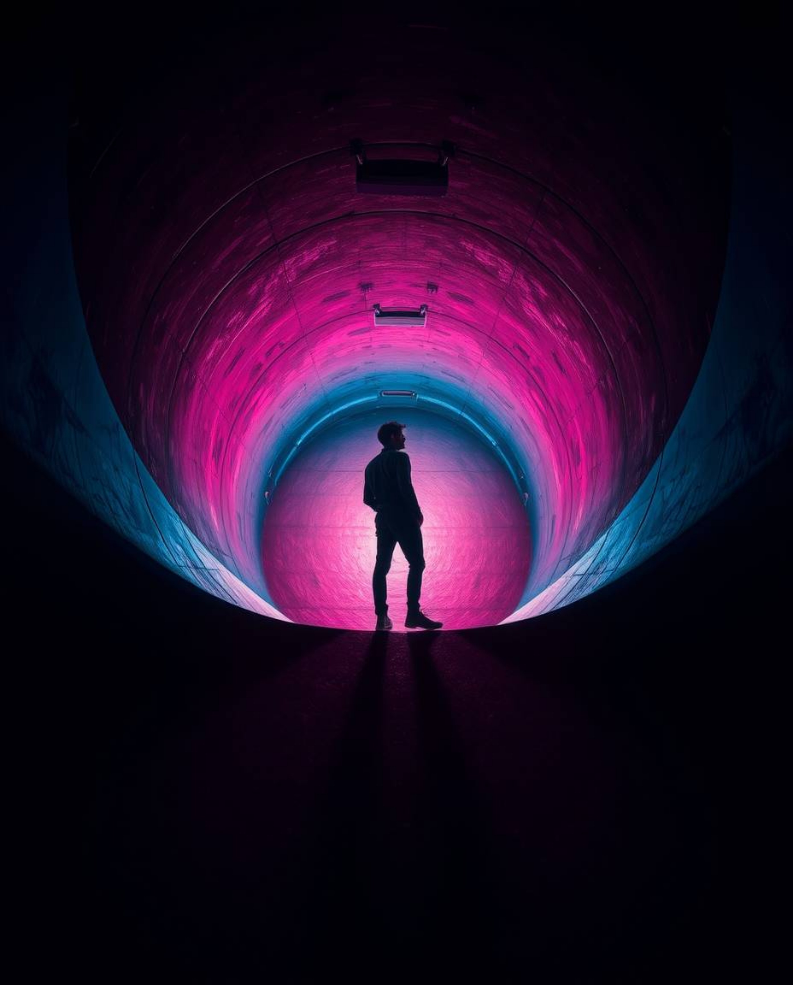 A captivating high-angle photograph showcases creative light art.  A person with light skin stands at the edge of a tunnel, g