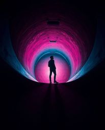 A captivating high-angle photograph showcases creative light art.  A person with light skin stands at the edge of a tunnel, g