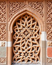 Explore stunning Islamic geometric patterns intricately carved into stone, presented in vibrant images with complementary col