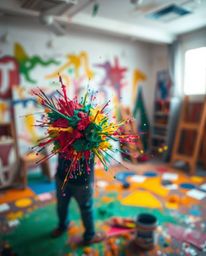 This high-resolution stock photo captures a vibrant room exploding with paint, rendered with a stunning blurred bokeh effect.