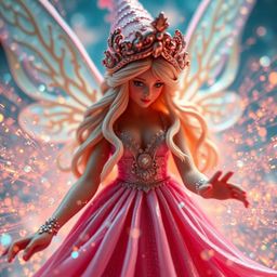 A stunning extreme macro photograph captures a fairy godmother emerging from a swirl of iridescent sparkles. The image showc