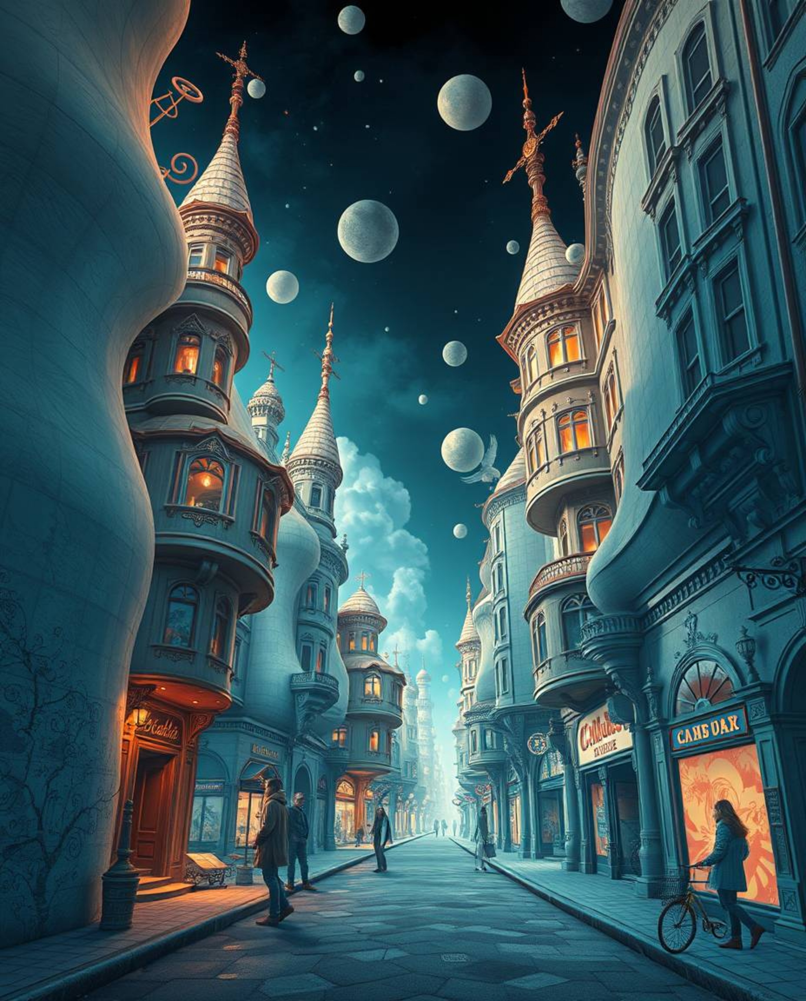 Explore a dreamlike, surreal street scene featuring folding and twisting buildings, refined features, and bizarre elements. T