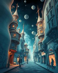 Explore a dreamlike, surreal street scene featuring folding and twisting buildings, refined features, and bizarre elements. T