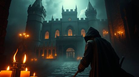 A thief navigates a heavily guarded castle, bathed in the warm glow of candlelight, creating an eerie and unsettling atmosphe