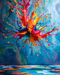 Explore captivating acrylic paintings featuring bold colors and dynamic paint splashes frozen in mid-air through high-speed p