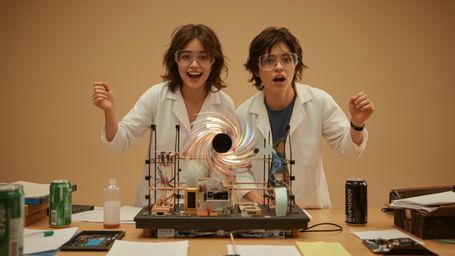 A brightly lit, cinematic photograph, reminiscent of Pixar's vibrant, stylized aesthetic, captures two ecstatic science fair 