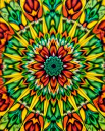 A captivating close-up reveals a stunning geometric floral mandala, bursting with vibrant colors and showcasing its perfectly