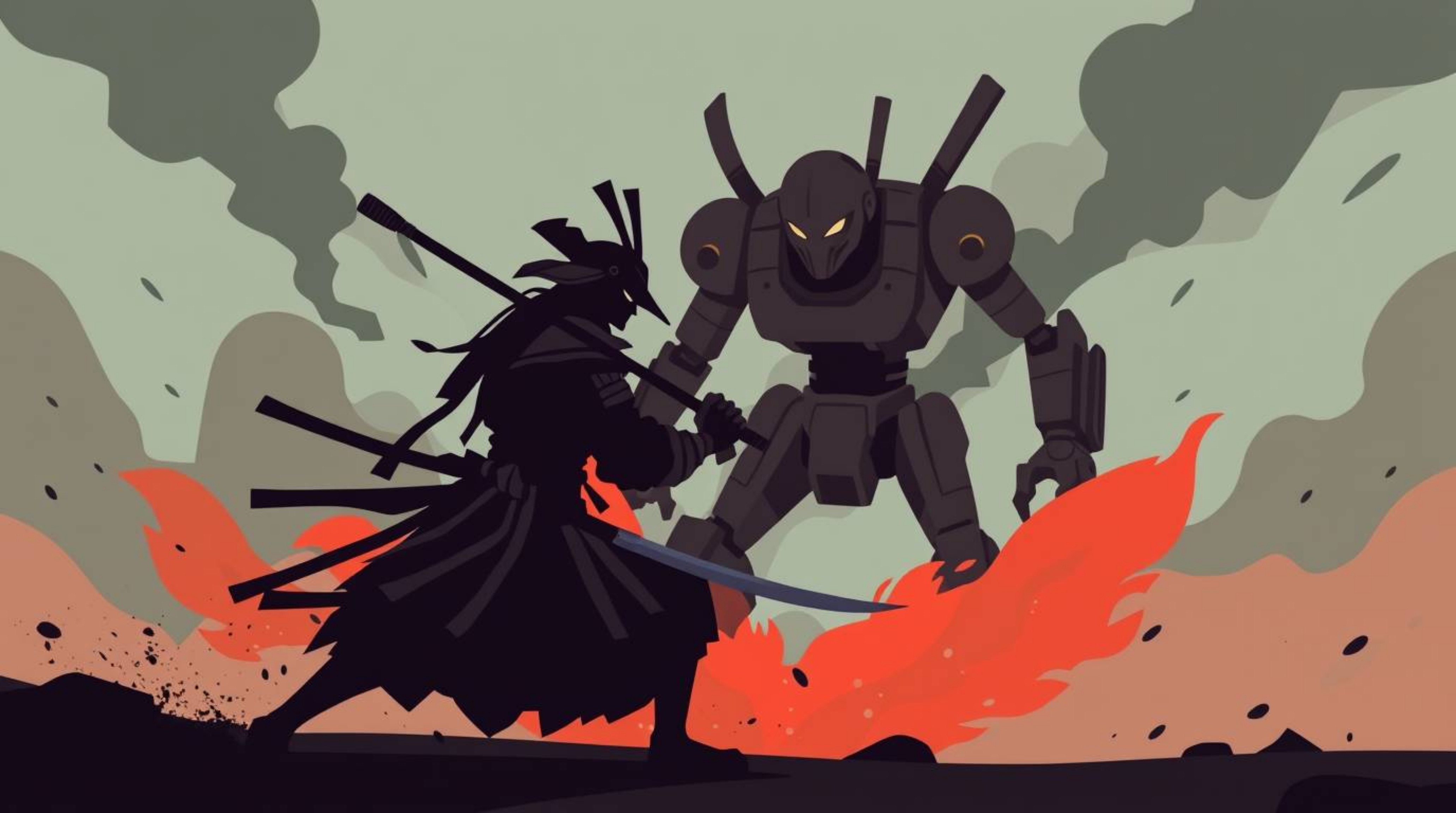 A modern flat design illustration showcasing a samurai battling a robot in a dystopian world. The artwork utilizes low contra