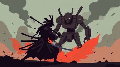 A modern flat design illustration showcasing a samurai battling a robot in a dystopian world. The artwork utilizes low contra