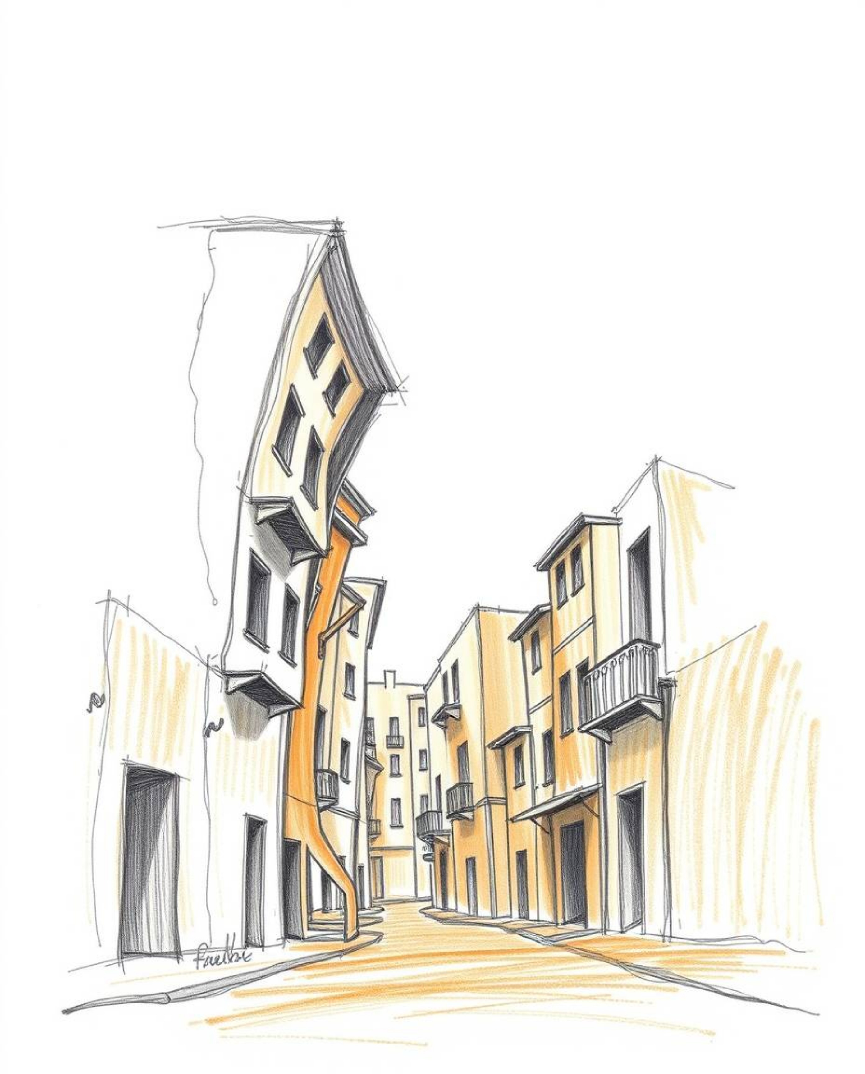 This stunning hand-drawn sketch captures a surreal street scene with folding and twisting buildings rendered in natural earth