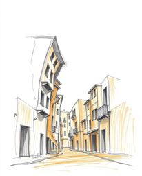 This stunning hand-drawn sketch captures a surreal street scene with folding and twisting buildings rendered in natural earth