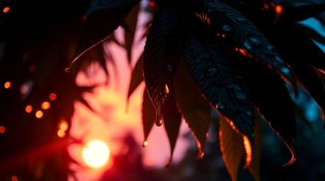 Experience the mesmerizing beauty of a sunset reflected in raindrops clinging to leaves, captured from a unique low-angle per