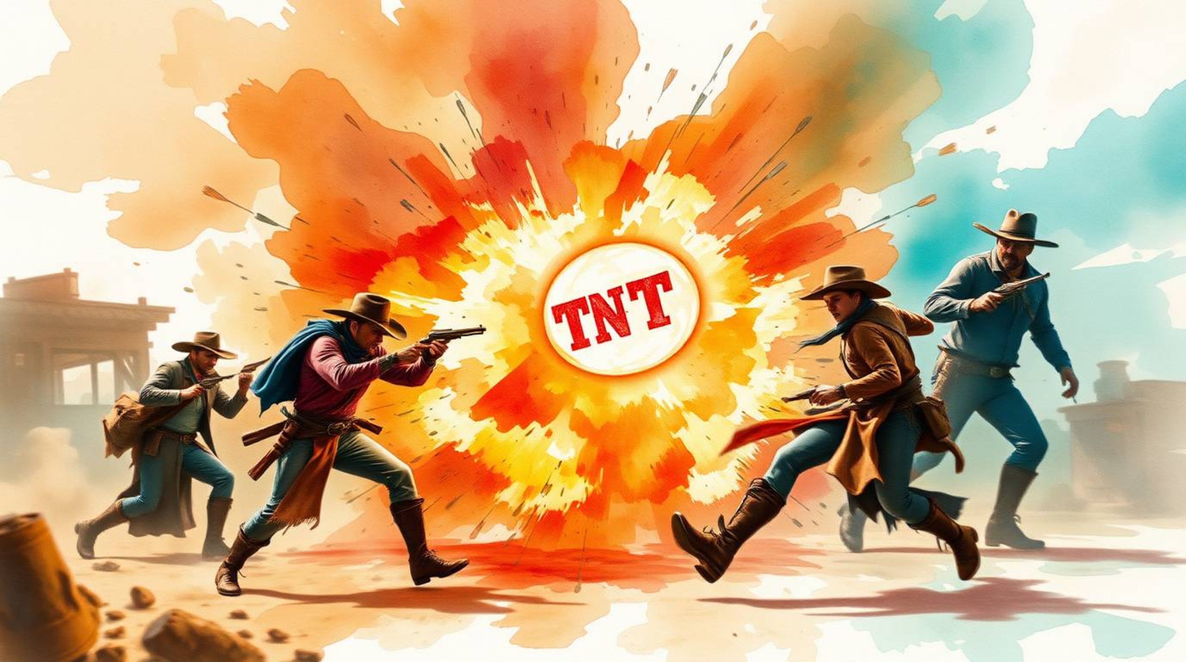 A dynamic and motion-filled watercolor painting capturing a classic exploding TNT gag in the Wild West. The artwork features 