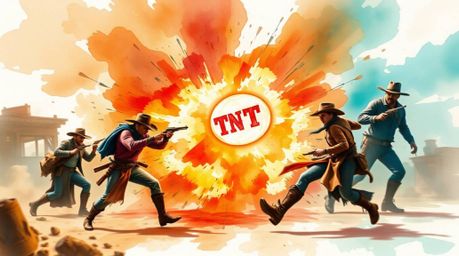 A dynamic and motion-filled watercolor painting capturing a classic exploding TNT gag in the Wild West. The artwork features 