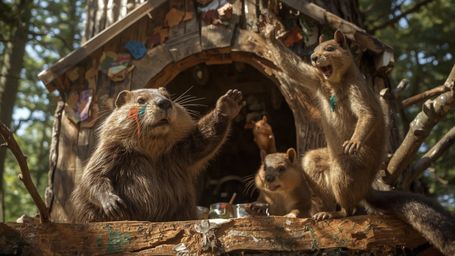 A highly detailed, high-resolution stock photo captures a busy beaver constructing the ultimate treehouse sanctuary for orpha