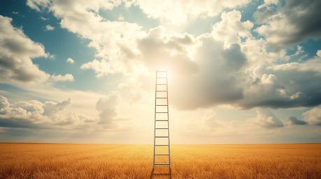 A graceful and elegant creative light art piece featuring a silver ladder in an open field beneath a wide, cloudy sky. This m
