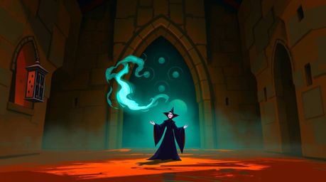 A captivating digital painting depicts a classic Disney villain casting a spell within the ancient walls of a castle. The ar