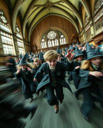 Immerse yourself in the vibrant energy of a magical school teeming with young wizards. This dynamic image captures the essenc