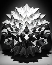 This captivating artwork features a layered papier-mâché sculpture with a striking 3D geometric pattern resembling folded pap