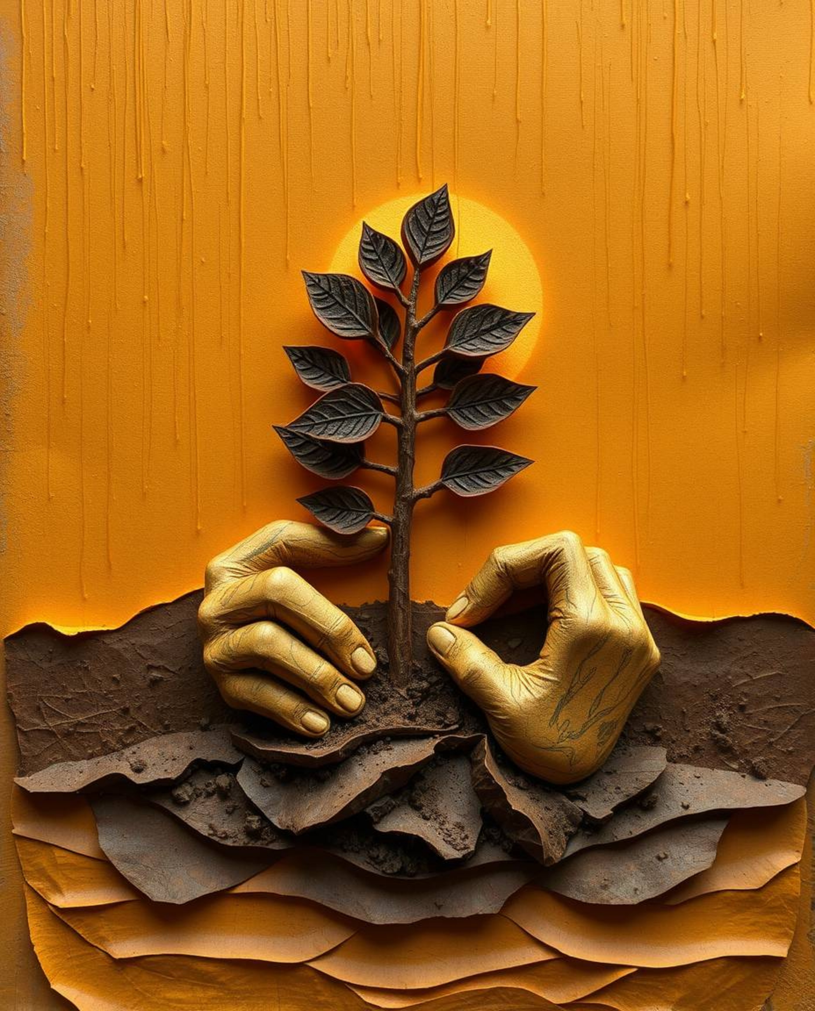 This layered papier-mâché sculpture captures a poignant scene of hands planting a tree under a radiant golden sky, even as ra