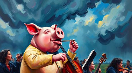 A captivating acrylic painting depicts a bold pig character dramatically conducting an orchestra amidst a stormy sky.  The ar