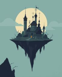 Explore a surreal floating island with strange architecture rendered in a modern flat design. This eerie and creepy scene uti