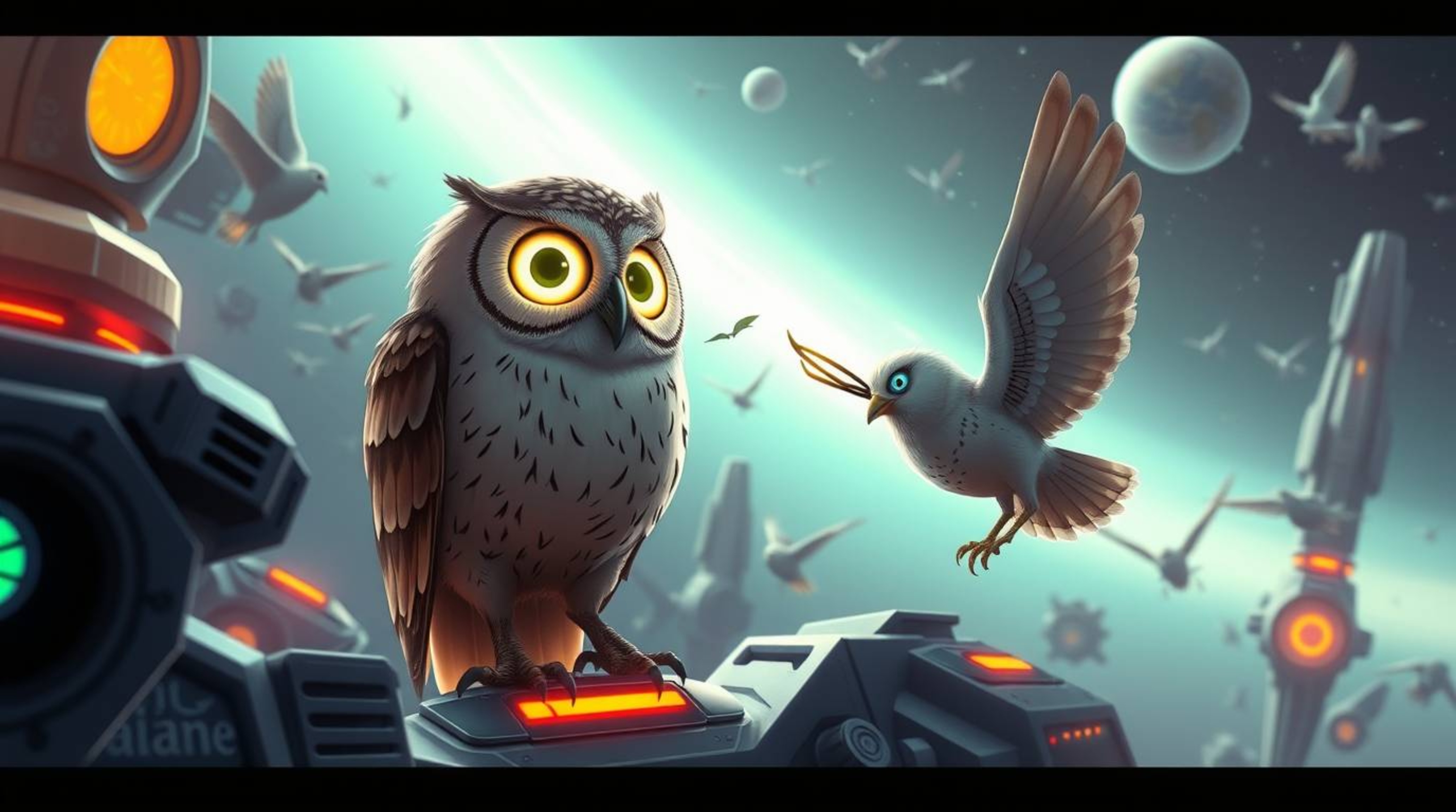 Immerse yourself in a futuristic sci-fi scene where a blind owl, rendered in a charming Pixar style with glowing bioluminesce