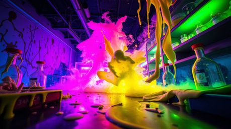 Experience the chaos and beauty of a slime-covered science lab exploding in a dramatic low-angle perspective, bursting with e
