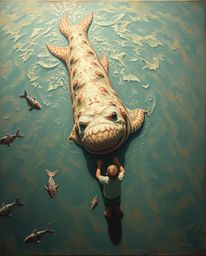A surreal oil painting capturing the unexpected friendship between a child and a sea creature, rendered in the classic style 