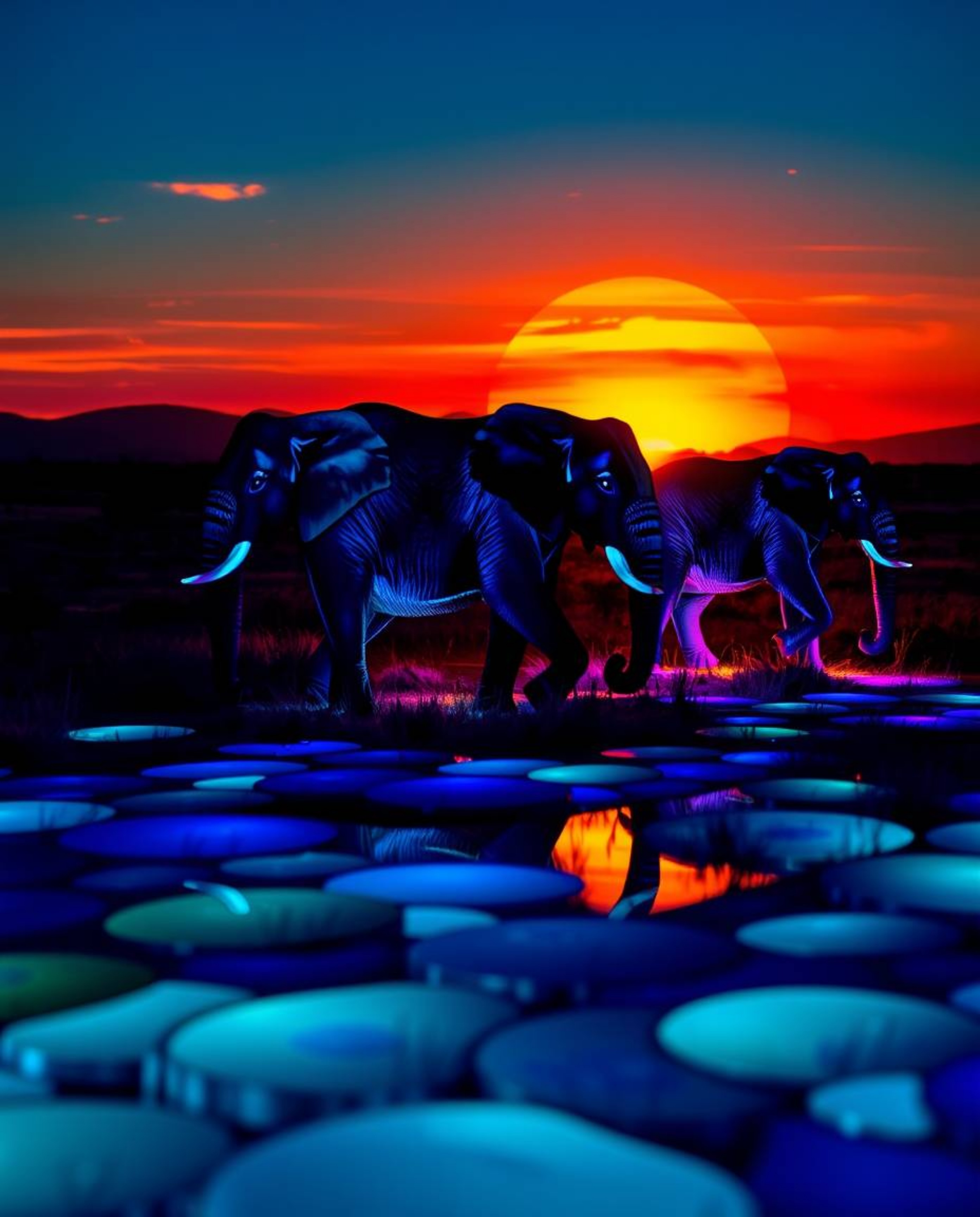 Creative light art depicting elephants walking across a sunset field, using artistic lighting to form abstract patterns in co
