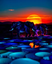 Creative light art depicting elephants walking across a sunset field, using artistic lighting to form abstract patterns in co