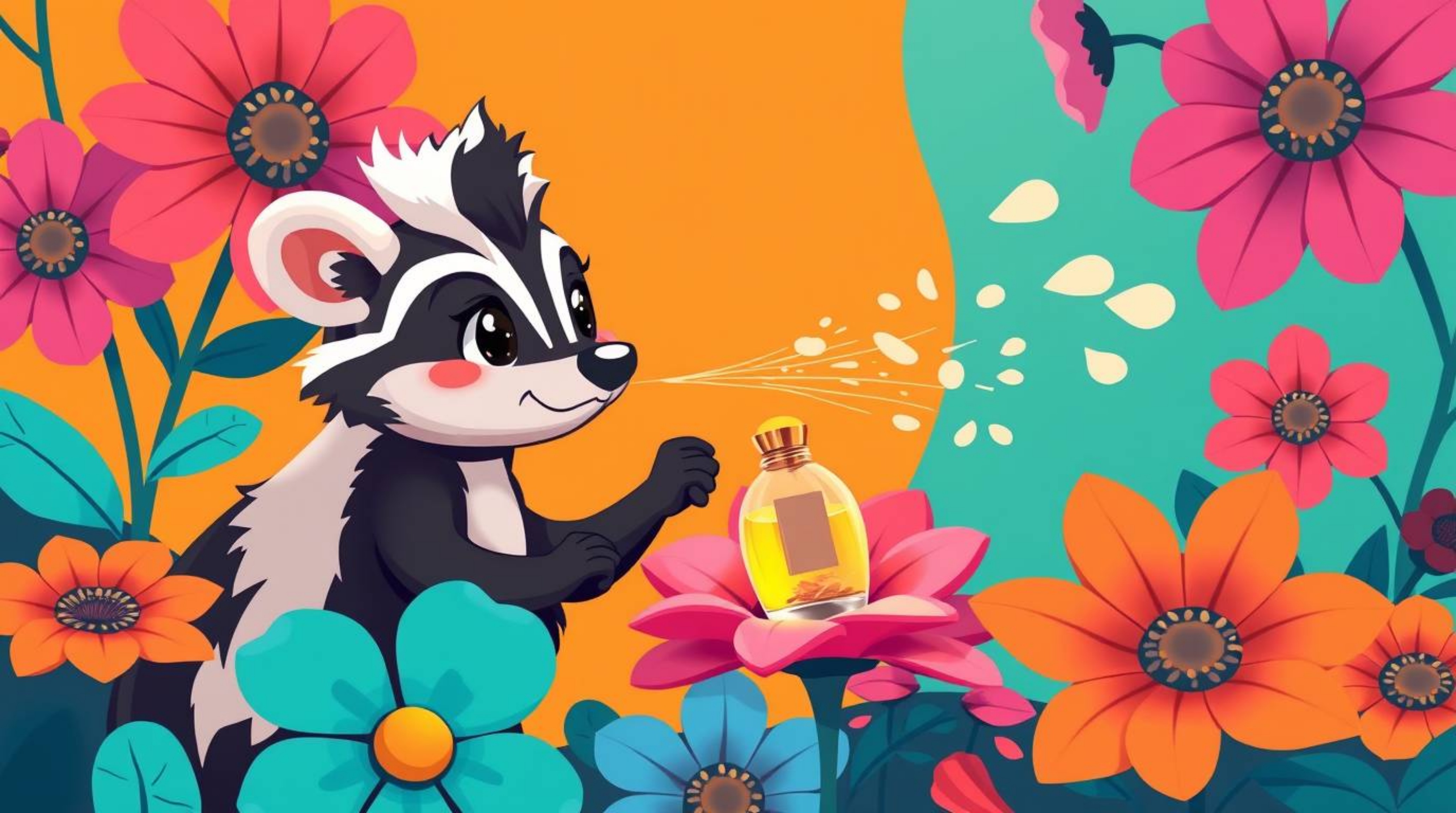 A charming cartoon skunk with refined features delicately sprays perfume onto a collection of vibrant flowers. The artwork be