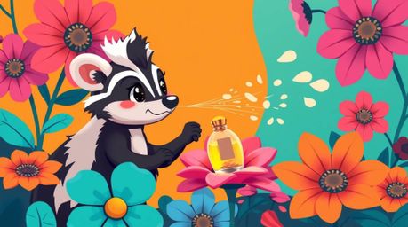 A charming cartoon skunk with refined features delicately sprays perfume onto a collection of vibrant flowers. The artwork be