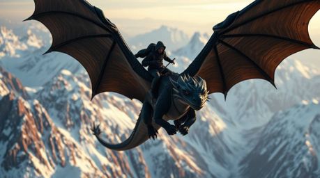 A breathtaking professional close-up photograph showcases a majestic dragon and its rider soaring above icy mountains. The im