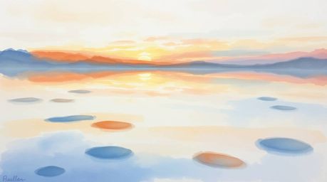 This delicate watercolor painting captures the serene beauty of a calm pond reflecting a vibrant sunset. Soft pastel colors b