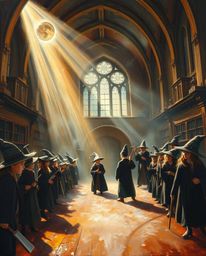 Discover a captivating classic oil painting depicting a magical school brimming with young wizards.  The artwork features dra