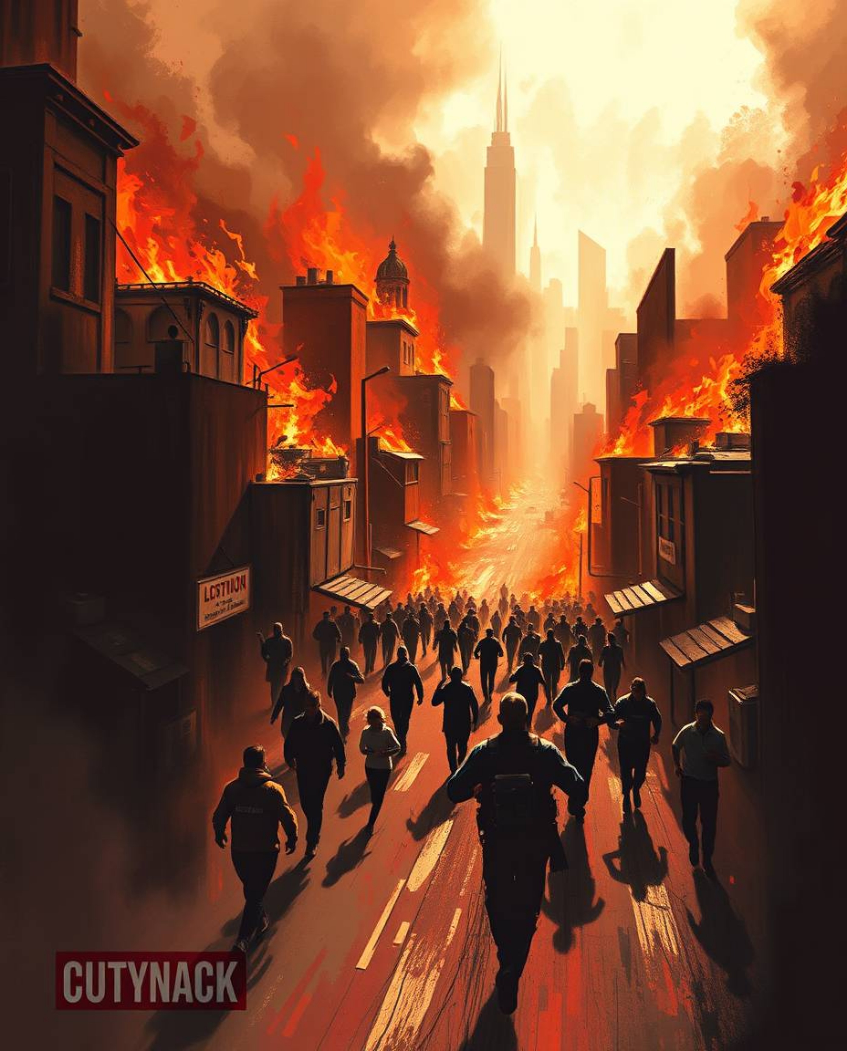 This high-contrast digital painting captures the intense drama of a city consumed by flames.  Panic is palpable as people run