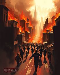 This high-contrast digital painting captures the intense drama of a city consumed by flames.  Panic is palpable as people run