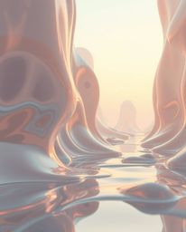 Explore a captivating digital image showcasing surreal 3D fluid shapes that mimic melted glass, set within a hyperrealistic s