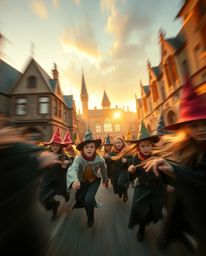 Discover a captivating world of young wizards attending a magical school, bathed in the soft, warm glow of golden hour.  Expe