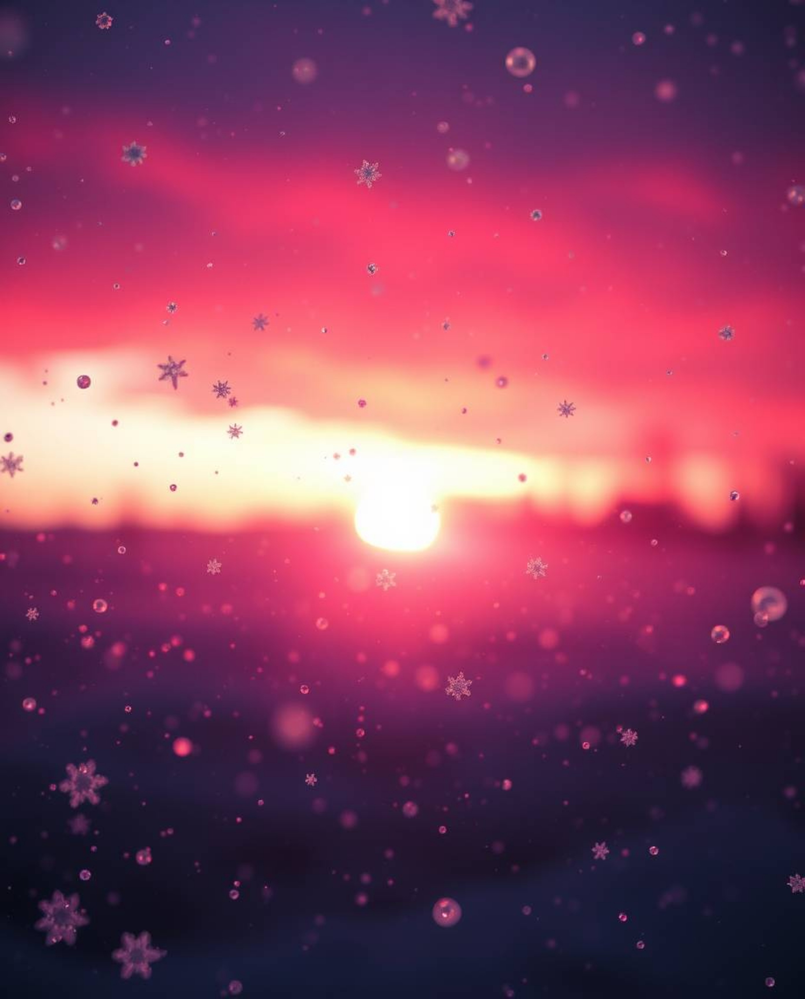 An ethereal scene of snowflakes falling during a vibrant sunset, rendered in surreal infrared tones for an otherworldly appea