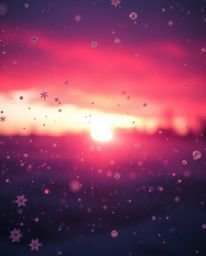 An ethereal scene of snowflakes falling during a vibrant sunset, rendered in surreal infrared tones for an otherworldly appea