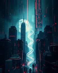 A captivating piece of creative light art showcases a glitchy digital landscape.  Distorted skyscrapers pierce a sky filled w